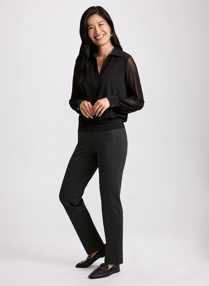 Mesh Long Sleeve Top & Sofia Pull-On Slim-Leg Pants