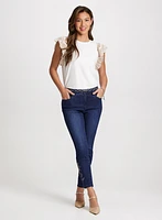 Ruffled Eyelet Sleeve Tee & Embellished-Hem Ankle Jeans