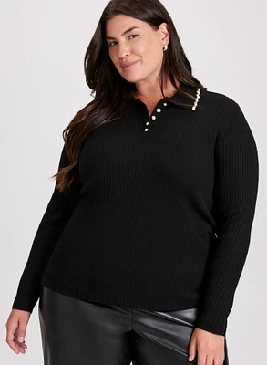 Pearl Trim Polo Sweater