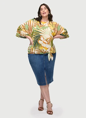 Tie-Hem Tropical Print Top & Denim Pencil Skirt