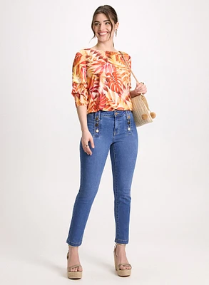 Tropical Pinched Sleeve Top & Button-Trim Jeans