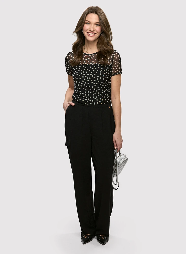 Mesh Polka Dot Top & Wide Leg Cargo Pants