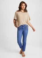 Linen Knit Poncho & Button-Trim Straight Leg Jeans