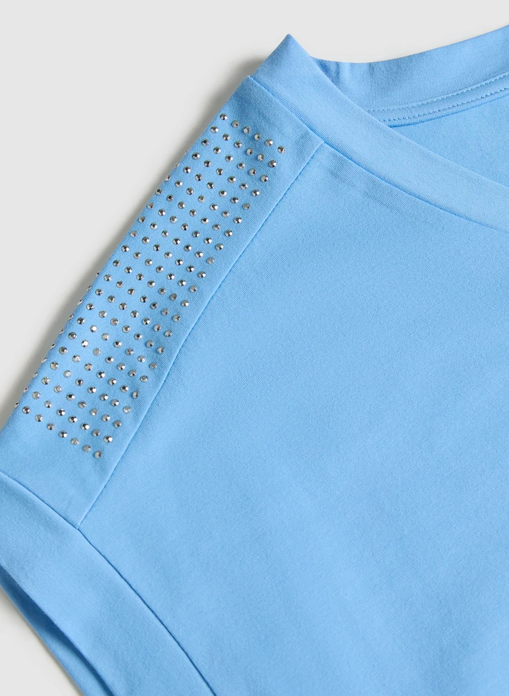 Ruched Rhinestone Detail T-Shirt