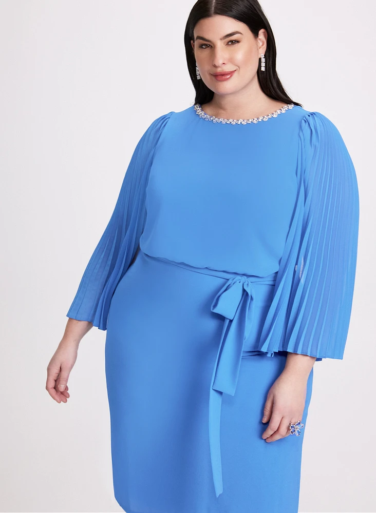 Embellished Plissé Flutter Sleeve Dress