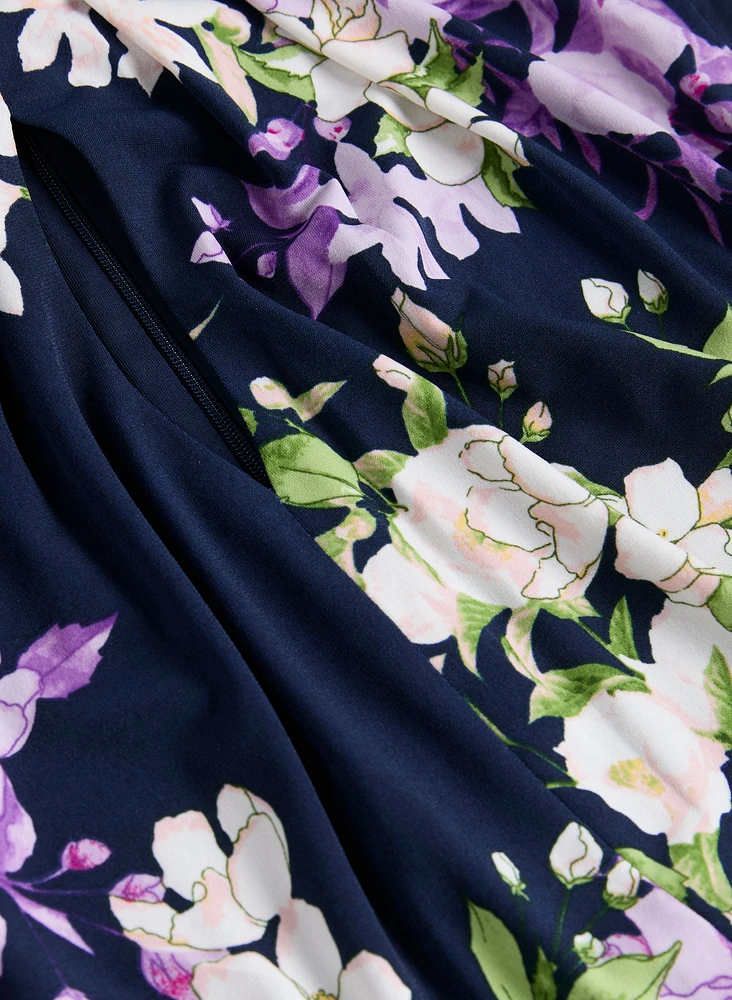 Pleated Neck Floral Dress