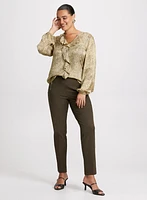 Satin Animal Print Blouse & Decorative Zipper Slim Leg Pant