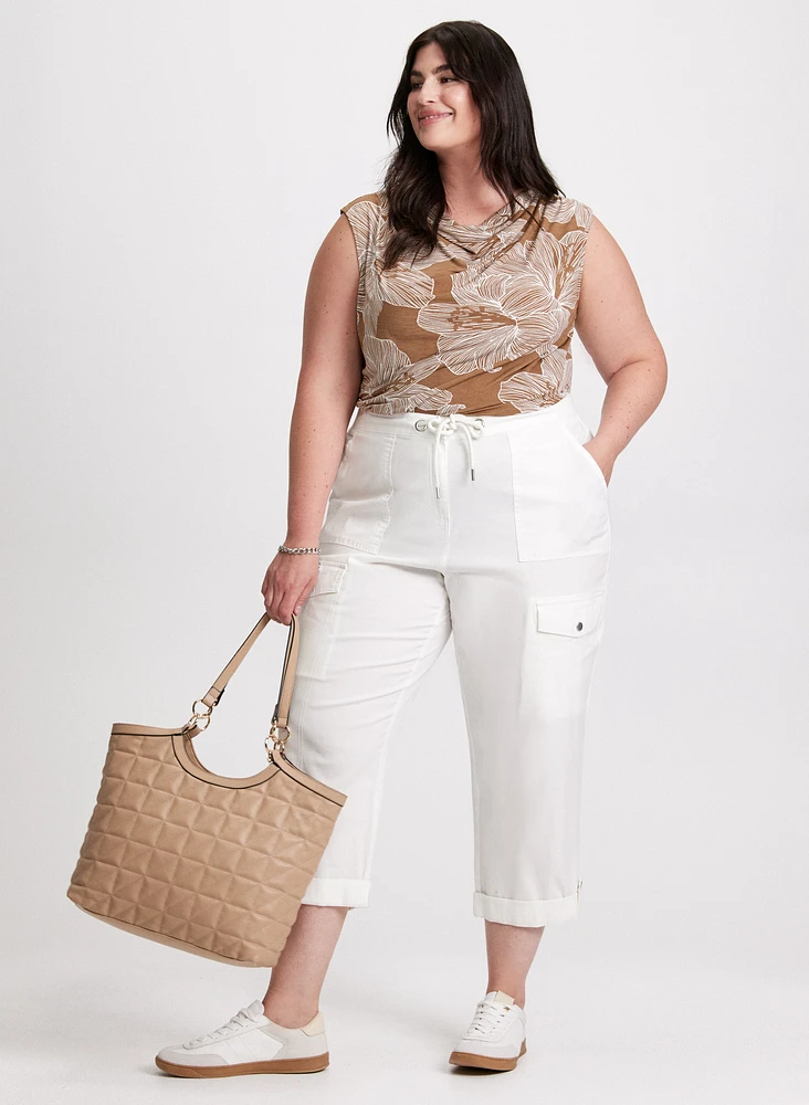 Cowl-Neck Floral Print Top & Cotton Cargo Capris