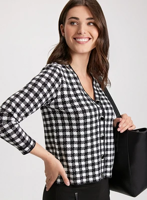 Houndstooth Print Button-Up Cardigan