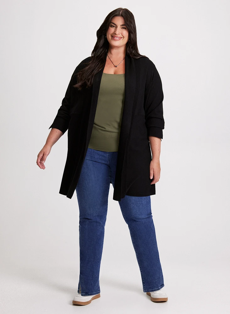 Open-Front Cardigan & Slit Hem Pull-On Jeans