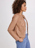 Collarless Vegan Leather Jacket