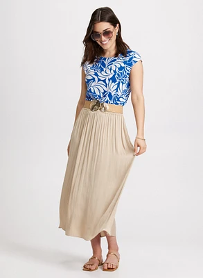 Front Knot Printed Top & Long Elastic Waist Skirt