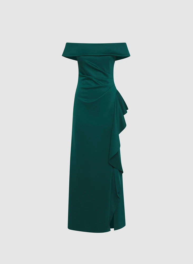 Off-Shoulder Waterfall Ruffle Dress