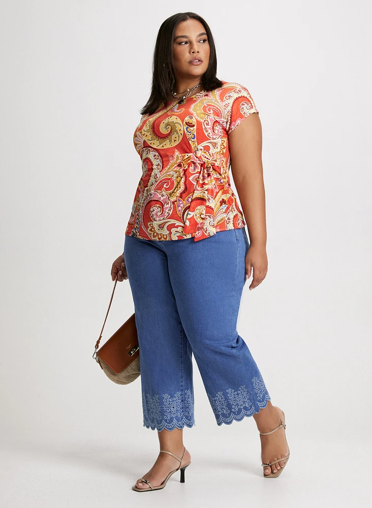 Side Tie Paisley Top & Embroidered Hem Capri Jeans