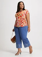 Side Tie Paisley Top & Embroidered Hem Capri Jeans