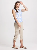 Floral Print Cap Sleeve Top & Cropped Drawstring Hem Cargo Pants