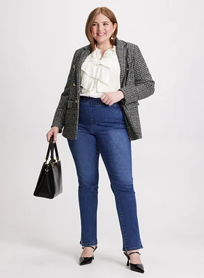 Veste à motif pied-de-poule et jean fendu orné