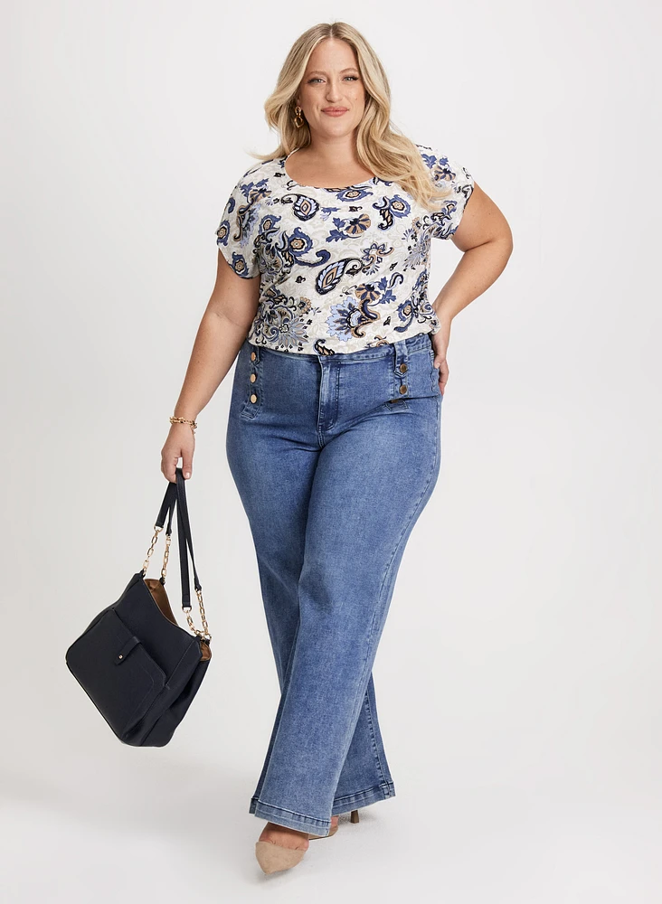 Drop Shoulder Paisley Print Top & Button Detail Wide Leg Jeans