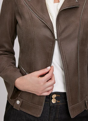 Zip & Snap Detail Faux Suede Jacket