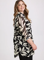 Leaf Print Button-Down Tunic Blouse