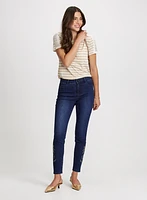 Striped Crochet Lace Tee & Embellished Hem Ankle Jeans