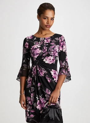 Rose Motif Flutter Sleeve Dress