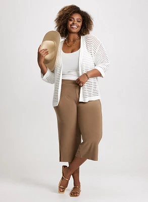 Open Front Knitted Cardigan & Side Slit Pull-On Capris