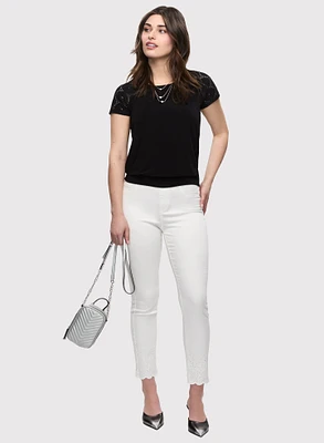 Short Eyelet Sleeve Top & Embroidered Jeans