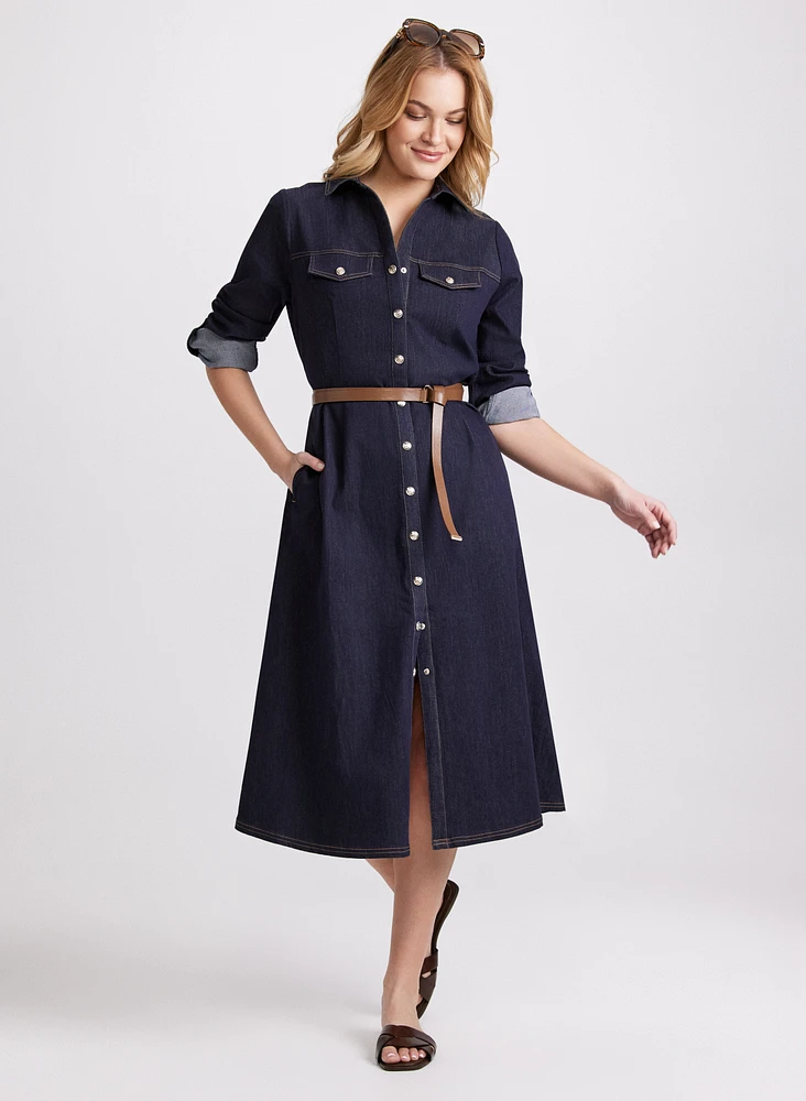 Belted Denim Button-Down Midi Dress