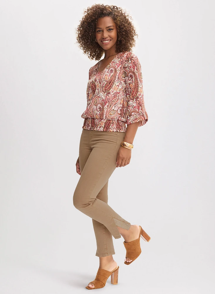 Paisley Print Smocked Waist Blouse & Embellished Slit Hem Jeans