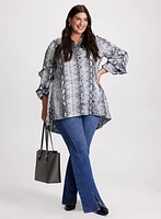 Snake Print Ruffle Sleeve Blouse & High Rise Flared Leg Jeans