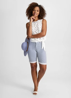 Sleeveless Boat-Neck Eyelet Top & Striped Denim Shorts