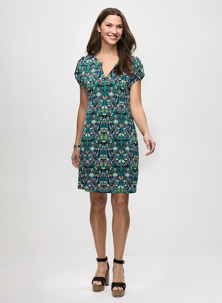 Printed Sheath Dress & Cascade Hoop Earrings