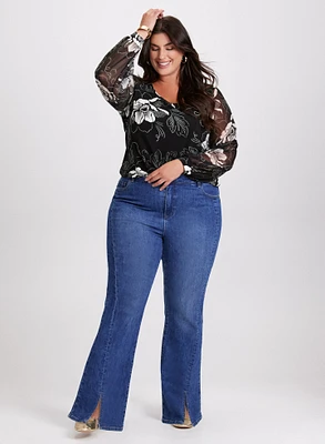 Floral Balloon Sleeve Top & Flared Leg Jeans