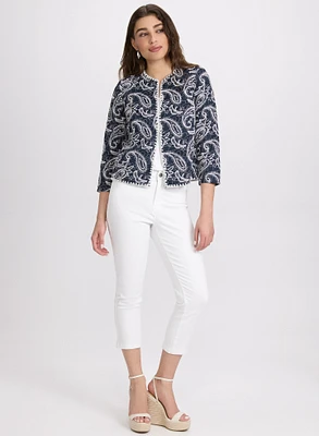 Paisley Embroidered Jacket & Crochet Trim Denim Capris