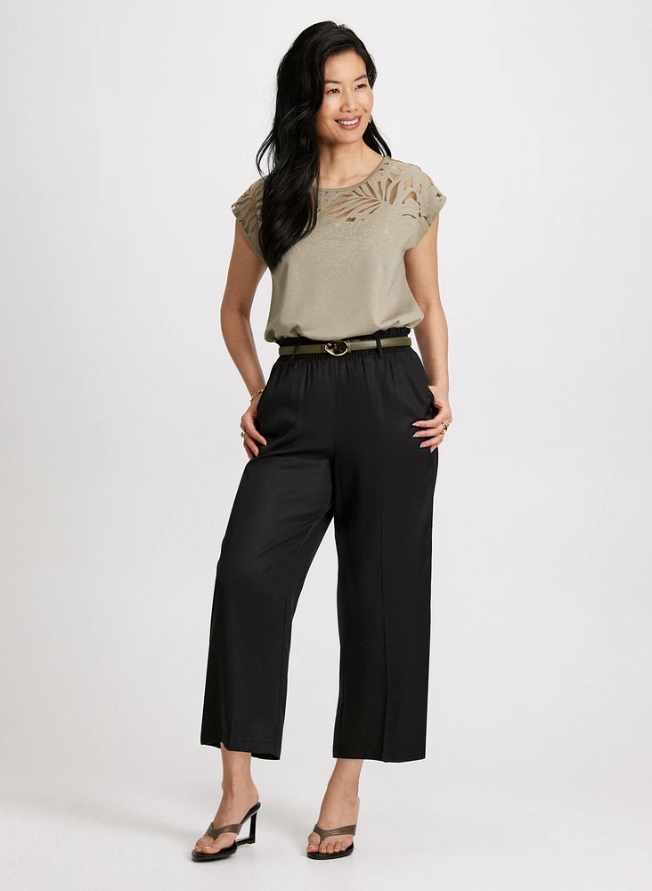 Floral Trim Burnout Tee & Belted Elastic Waist Pants