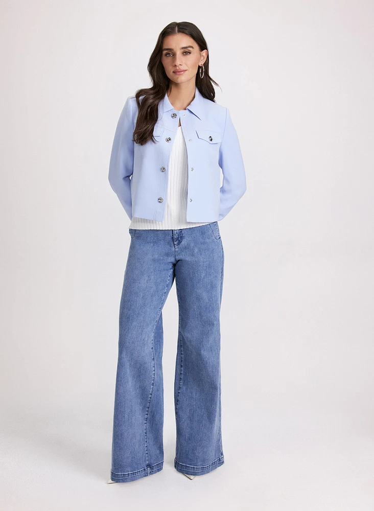 Short Embossed Button Jacket & Faded Wide-Leg Jeans