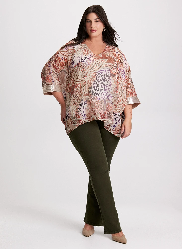 Paisley Print V-Neck Blouse & Straight Leg Jeans