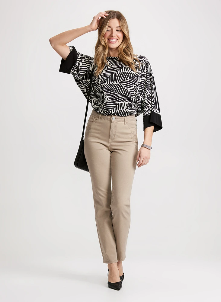 Abstract Leaf Motif Top & Embroidered Straight Leg Denim Pants