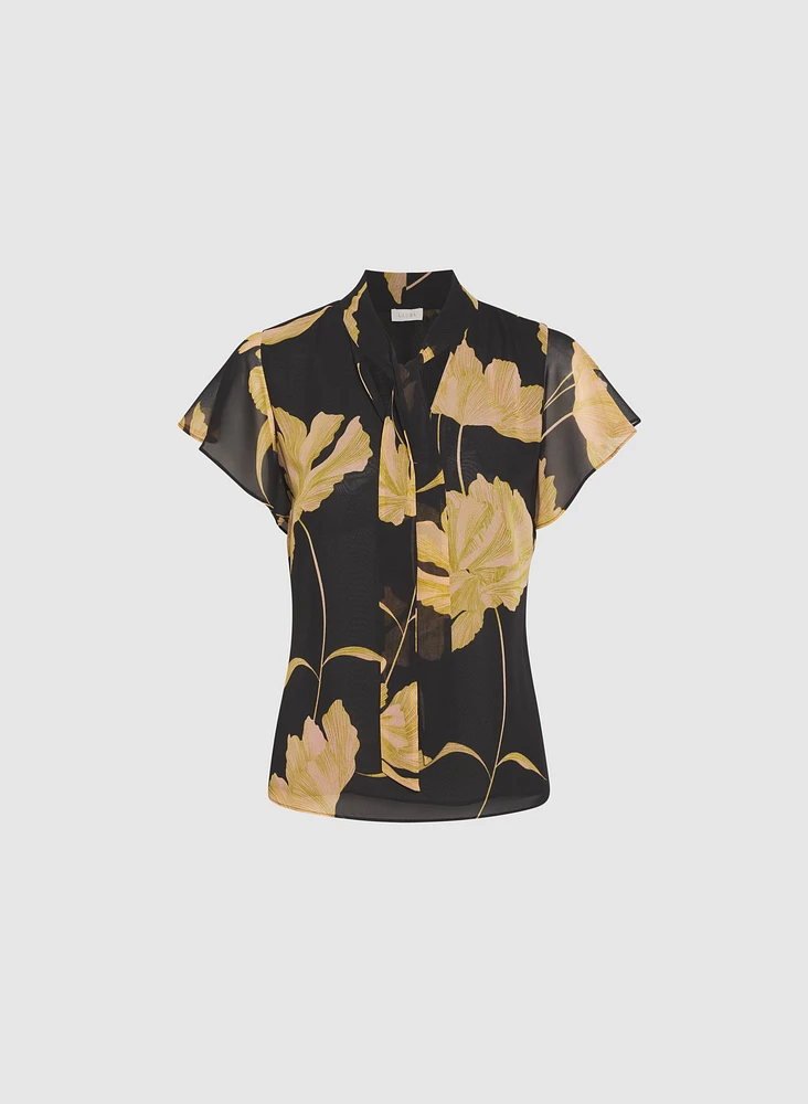 Blouse florale à encolure nouée