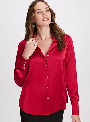 Satin Rhinestone Button Blouse