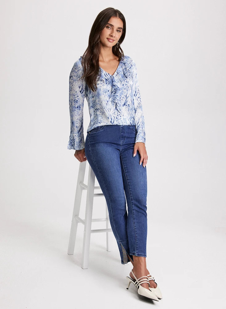 Ruffle V-Neck Blouse & Embellished Hem Slit Jeans