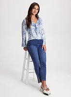 Ruffle V-Neck Blouse & Embellished Hem Slit Jeans