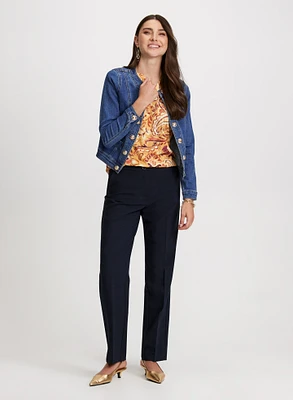 Button Trim Denim Jacket & Straight Leg Pants