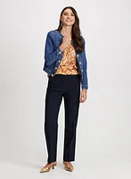 Button Trim Denim Jacket & Straight Leg Pants