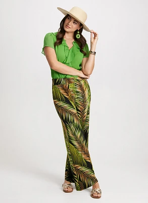 Ruffled Chiffon Blouse & Palm Print Pants