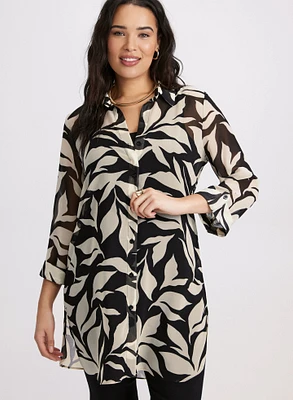 Leaf Print Button-Down Tunic Blouse