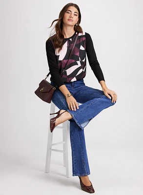 Geometric Print Top & Flared Slit Jeans