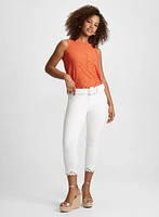 Sleeveless Boat-Neck Eyelet Top & Embroidered Hem Capri Jeans