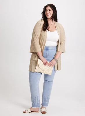 Open Front Cardigan & Embroidered Hem Jeans